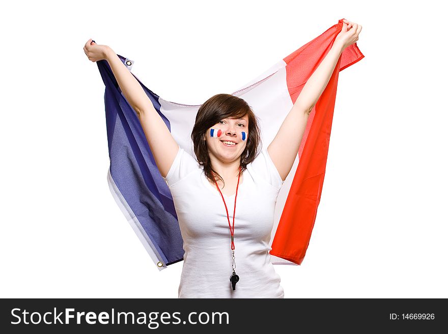Happy female, french team supporter, studio shoot isolated on white background. Happy female, french team supporter, studio shoot isolated on white background