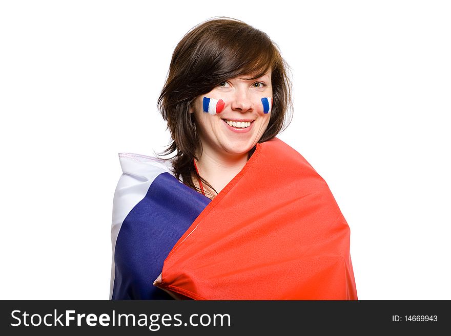 Female wrapped in french flag, also flags on her cheeks, studio shoot isolated on white background. Female wrapped in french flag, also flags on her cheeks, studio shoot isolated on white background