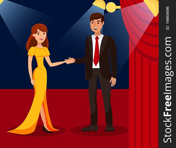 Rich Couple on Red Carpet Flat Color Illustration. Young Woman in Dress and Man in Suit Cartoon Characters. Award Ceremony, Beauty Contest. Luxury Lifestyle, VIP Person, Celebrity. Success, Glamour