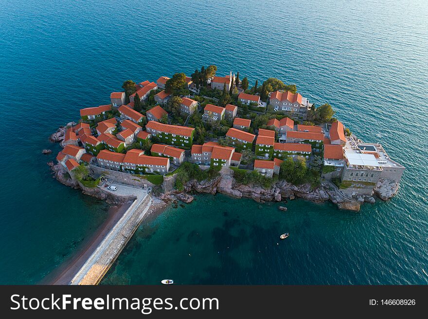 Aerial view of Sveti Stefan island in Budva, Montenegro