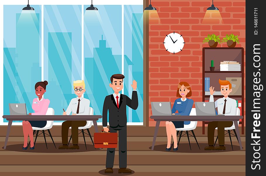 Man in Suit at Work Cartoon Vector Illustration. Office Workers at Workplace. Modern Office Interior. Busy Colleagues Working at Computers. Brick Wall. Employers Waving Hi. Cityscape View from Window