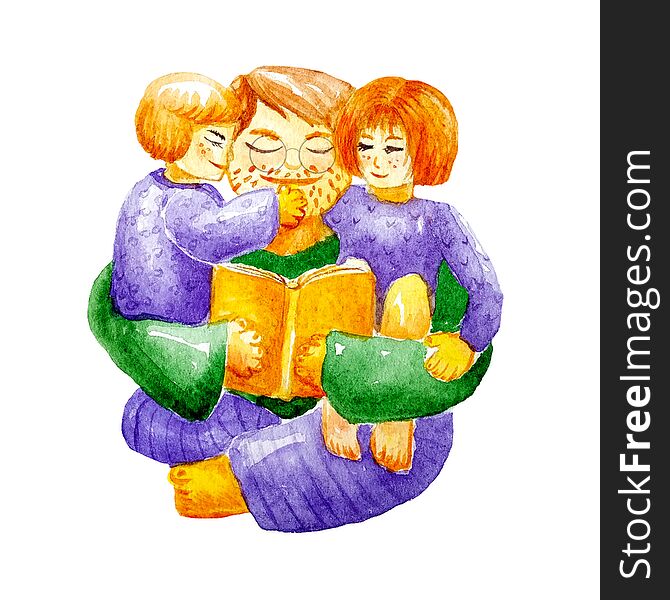Happy father`s day. Watercolor illustration of dad with glasses hugging his daughter and son and reading them a book.  Template for cards and greetings isolated. Educational or religious concept