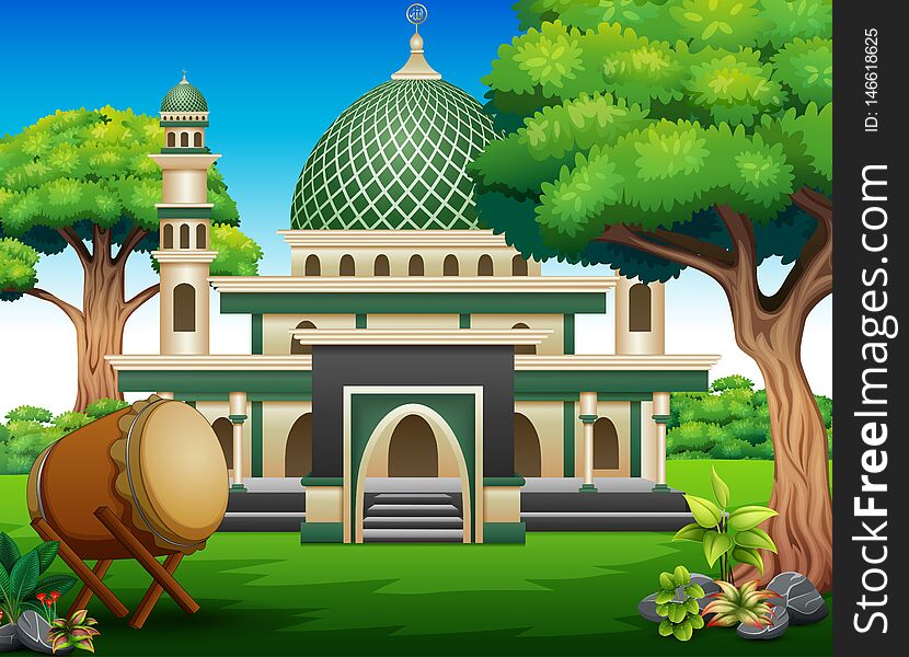 Background of Islamic mosque building with green plants
