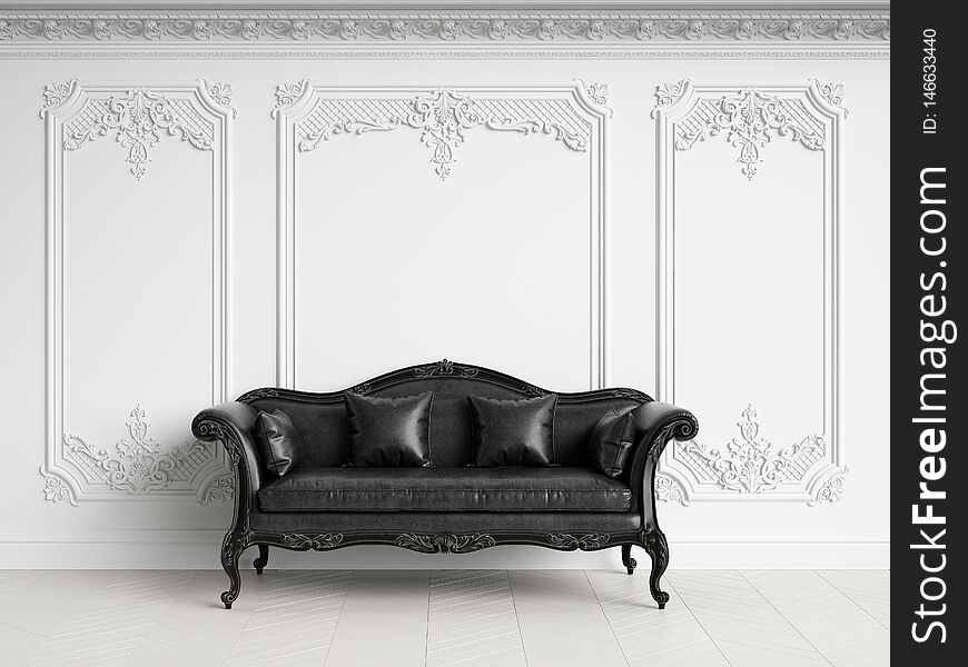 Classic black sofa in classic white interior with copy space.Walls with mouldings,ornated cornice. Floor parquet herringbone.Digital Illustration.3d rendering. Classic black sofa in classic white interior with copy space.Walls with mouldings,ornated cornice. Floor parquet herringbone.Digital Illustration.3d rendering