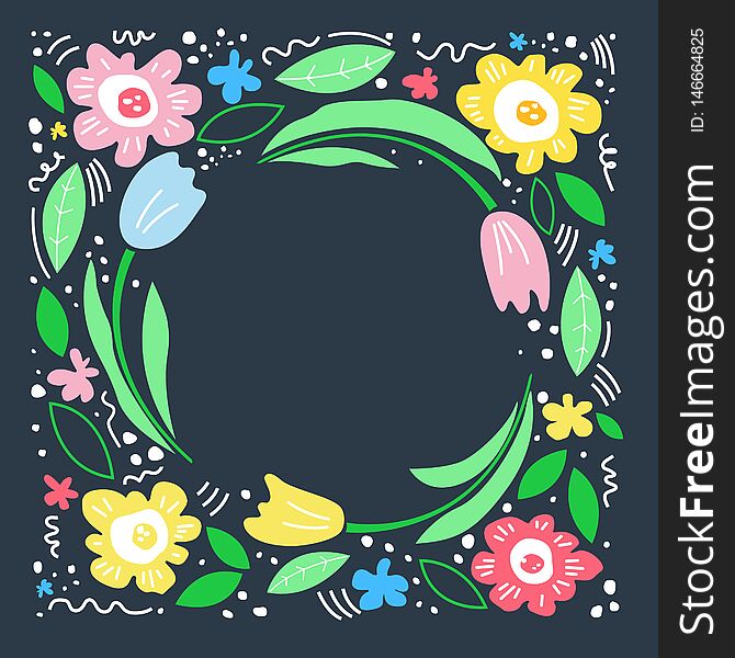 Floral text circle frame hand drawn flat layout. Cool mom