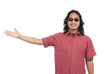 Long Hair Man With Sunglasses Pointing Something Stock Image