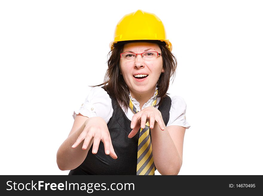 Young female with yellow hardhat and yellow nectie, builders cha cha, studio shoot isolated on white background. Young female with yellow hardhat and yellow nectie, builders cha cha, studio shoot isolated on white background