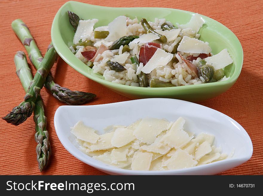 Risotto grana cheese with prosciutto and asparagus