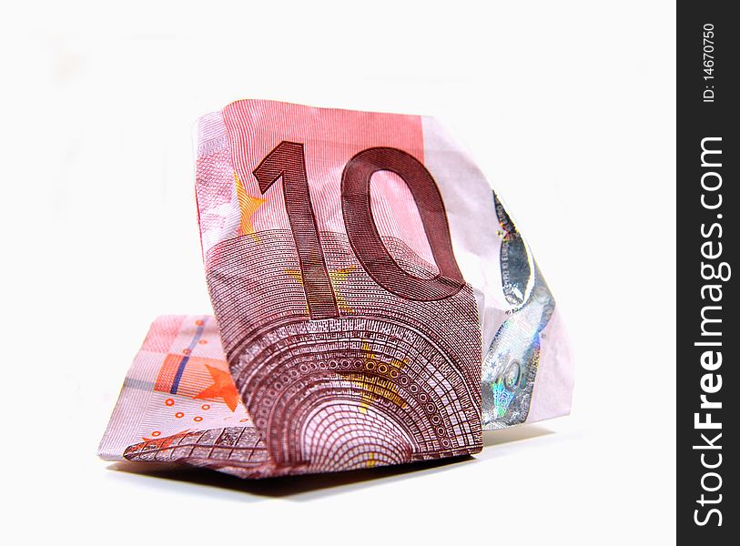 Wrinkled 10 Euro banknote on white background. Wrinkled 10 Euro banknote on white background