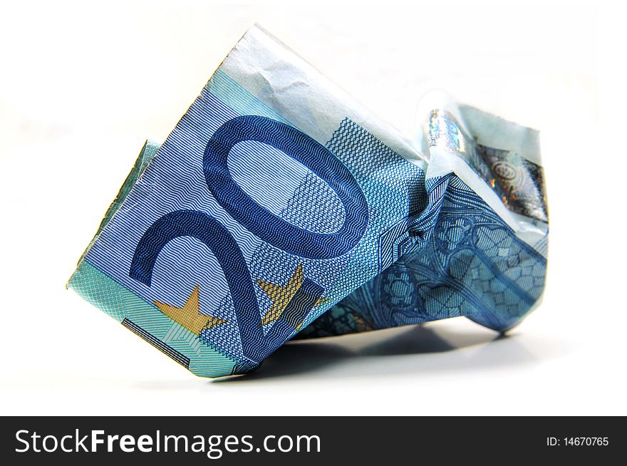 Wrinkled 20 Euro banknote on white background. Wrinkled 20 Euro banknote on white background