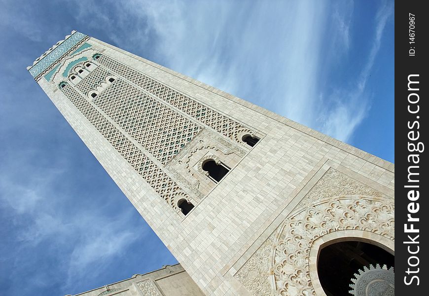 Unusual view of Casablanca Hassan II Mosque Minaret