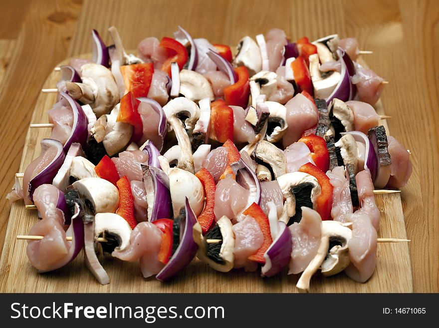Chicken and vegetable kabobs.