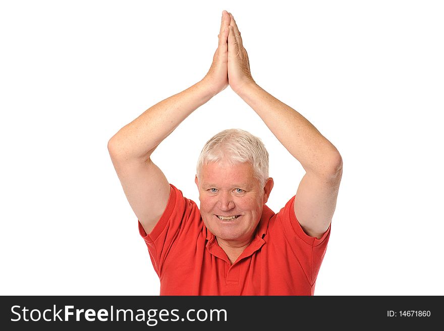 Senior retired older man stretching on white background. Senior retired older man stretching on white background