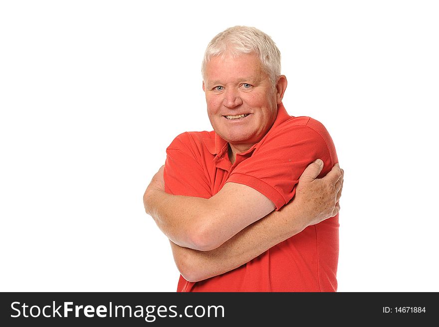 Senior retired older man stretching on white background. Senior retired older man stretching on white background