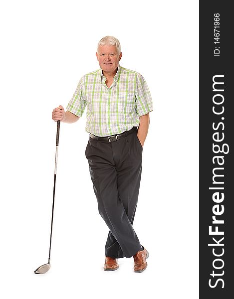 Happy casual mature man on white background, with golf club. Happy casual mature man on white background, with golf club