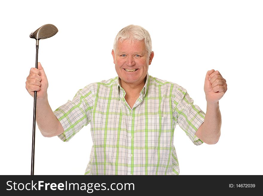 Happy casual mature man on white background, celebrating with golf club. Happy casual mature man on white background, celebrating with golf club