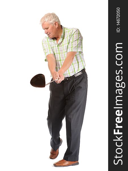 Happy casual mature man on white background, swinging golf club. Happy casual mature man on white background, swinging golf club