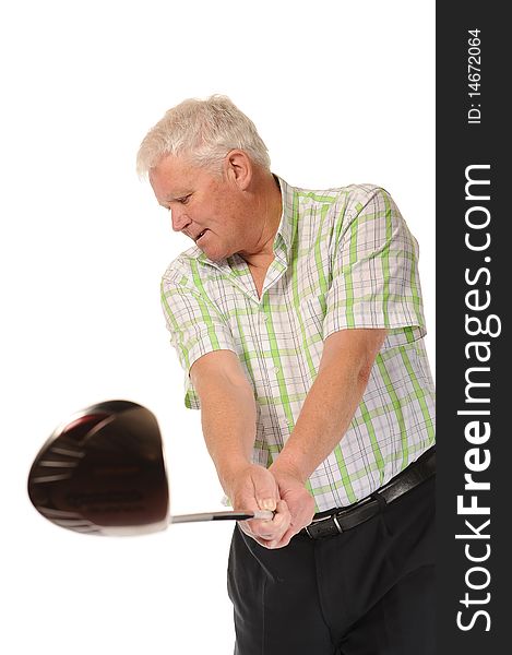 Happy casual mature man on white background, swinging golf club. Happy casual mature man on white background, swinging golf club