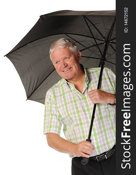 Happy casual mature man on white background, with umbrella. Happy casual mature man on white background, with umbrella