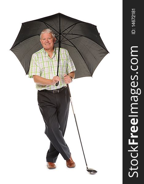 Happy casual mature man on white background, with golf club and umbrella. Happy casual mature man on white background, with golf club and umbrella