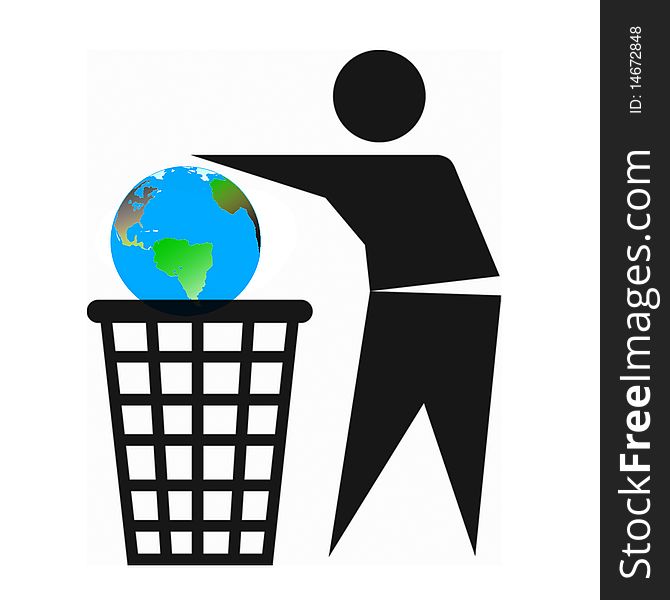 Pollution. A man throws a Globe in the trash. Pollution. A man throws a Globe in the trash