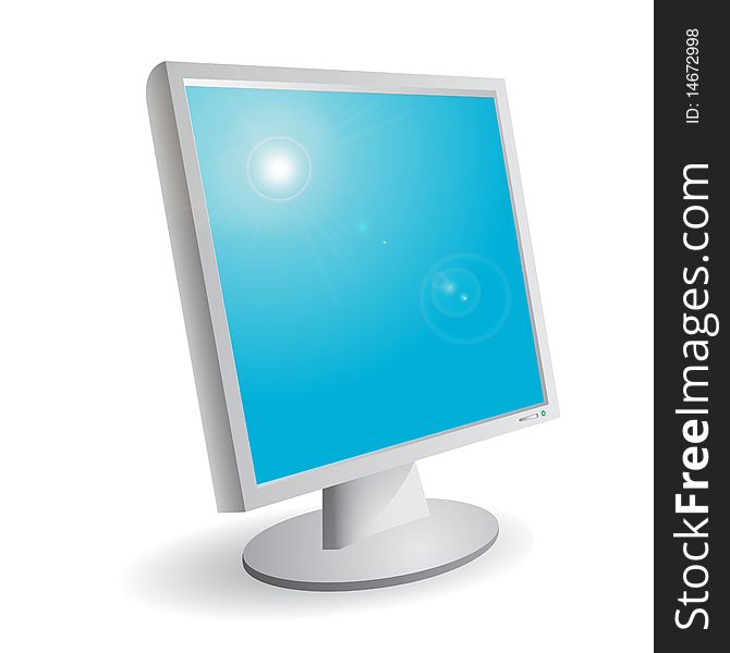 Illustration, monitor with blue screen on white background