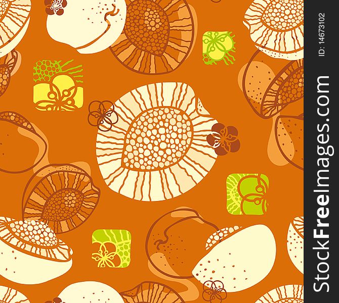 Peaches and apricots seamless pattern on the orange background. Peaches and apricots seamless pattern on the orange background