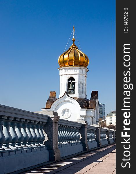 Bell tower of Cathedral of Christ the Saviour in Moscow. Russia