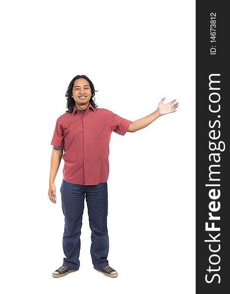 Long Hair Asian Man, pointing something isolated on white background. Long Hair Asian Man, pointing something isolated on white background