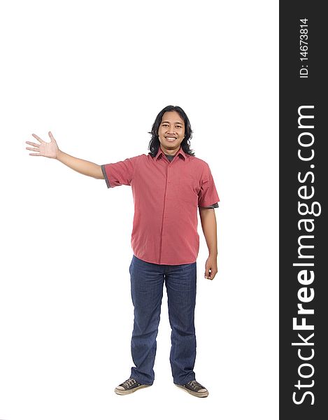 Long Hair Asian Man, pointing something isolated on white background. Long Hair Asian Man, pointing something isolated on white background