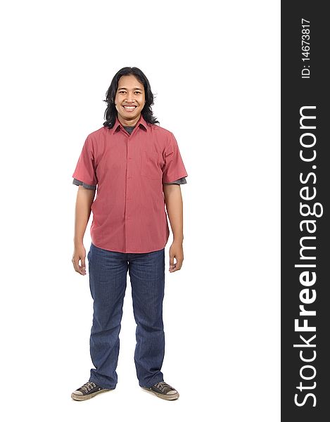 Full body shot of a long hair asian man wearing red shirt isolated on white background. Full body shot of a long hair asian man wearing red shirt isolated on white background