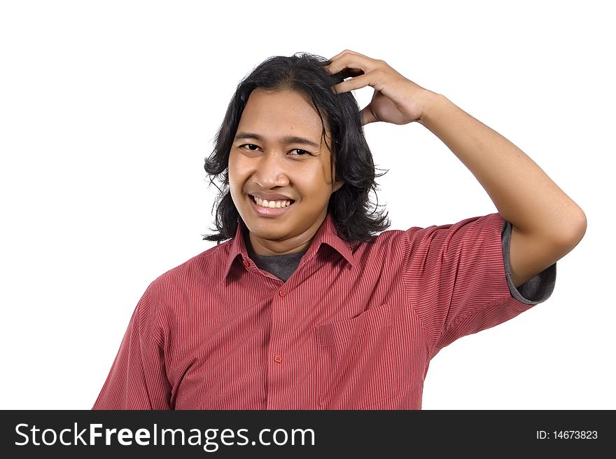 Long hair man scratch his head isolated on white background