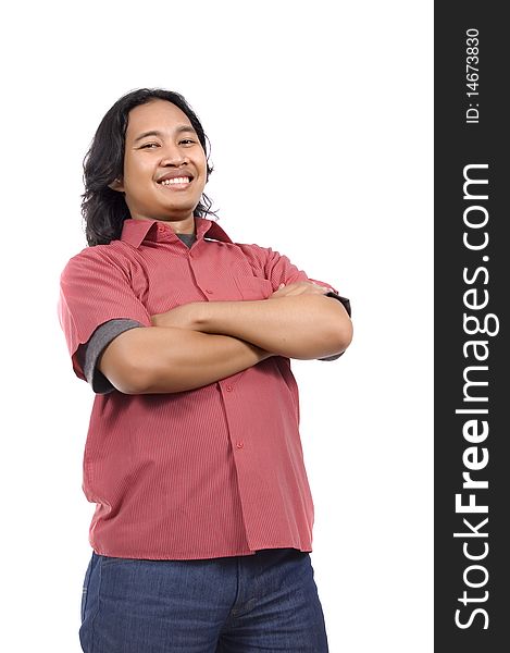 Asian man with long hair and red shirt feel confident isolated on white background. Asian man with long hair and red shirt feel confident isolated on white background