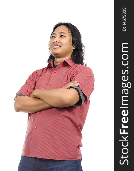 Asian man with long hair and red shirt feel confident isolated on white background. Asian man with long hair and red shirt feel confident isolated on white background