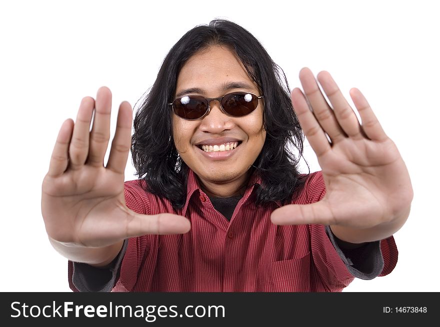 Long hair man with sunglasses framing his face isolated on white background. Long hair man with sunglasses framing his face isolated on white background