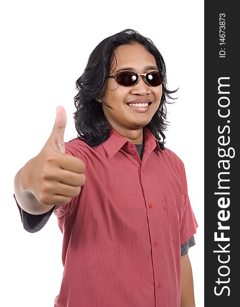 Long hair man with sunglasses give thumb isolated on white background