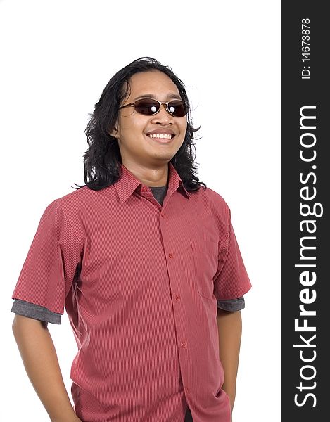 Asian man with sunglasses, long hair and red shirt feel confident isolated on white background. Asian man with sunglasses, long hair and red shirt feel confident isolated on white background
