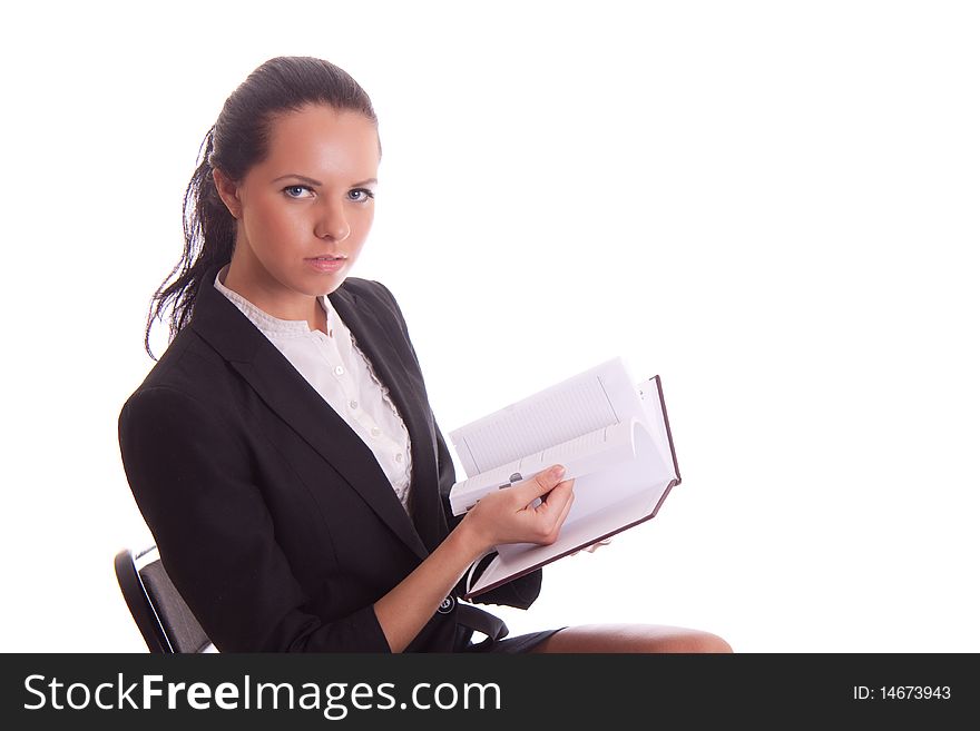 Woman with pen and datebook isolated on white background