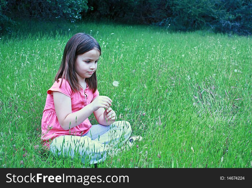 One young girl about to blow on dandelion