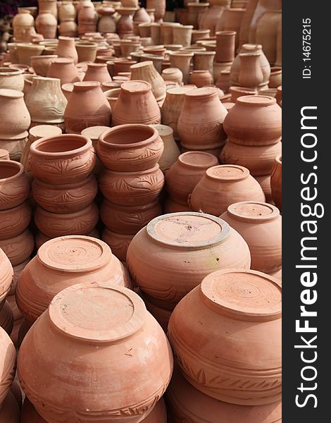 Traditional pot clays in small shop in Marocco