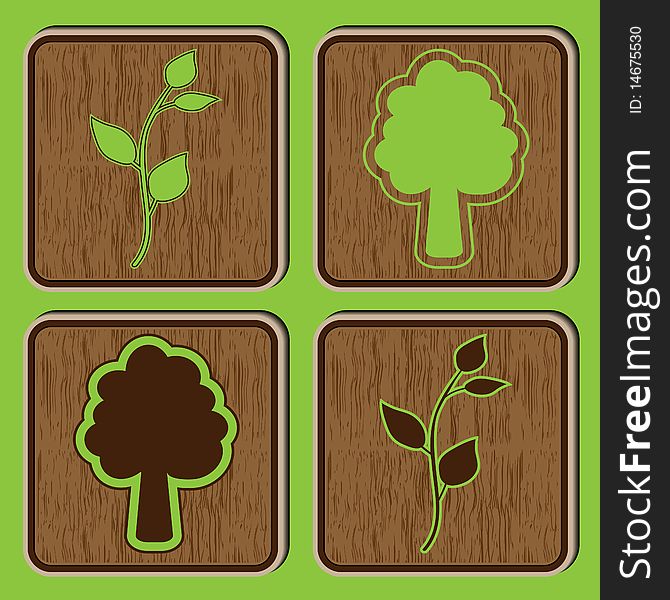 Wooden Buttons With Ecological Icons Of Leaves And