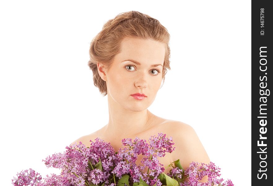 Beautiful girl with lilac isolated on white. Beautiful girl with lilac isolated on white