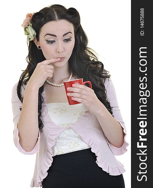 Beautiful Woman With Red Coup Of Coffee Isolated