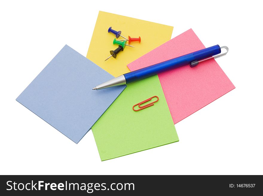 Pen and note isolated on white background