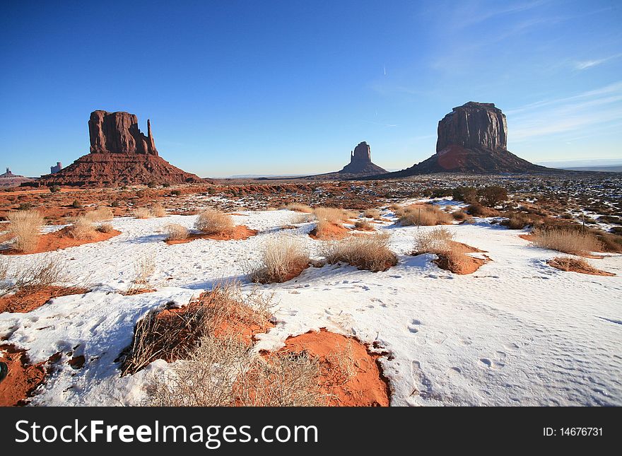 Monument valley under a thin layer of snow