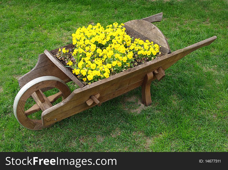 Decorative wooden wheelbarrow with yellow pansies