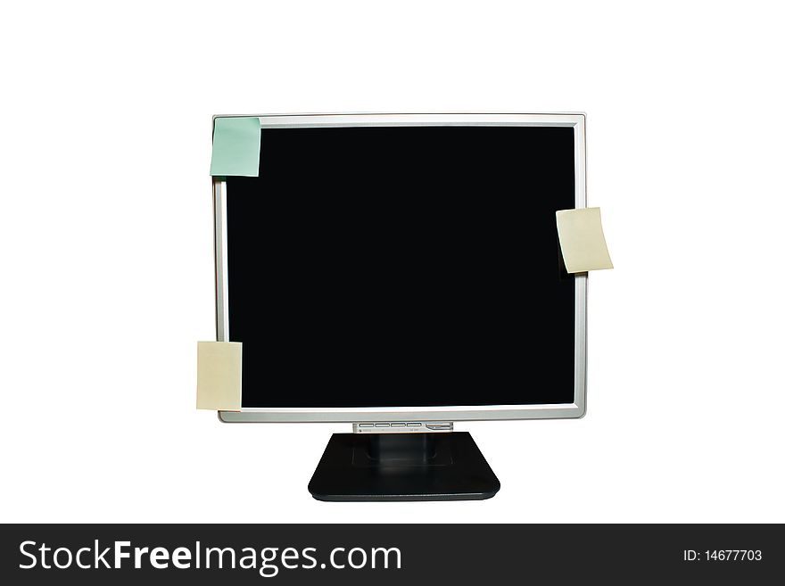 Collection of various note papers on computer monitor, on white background with clipping path