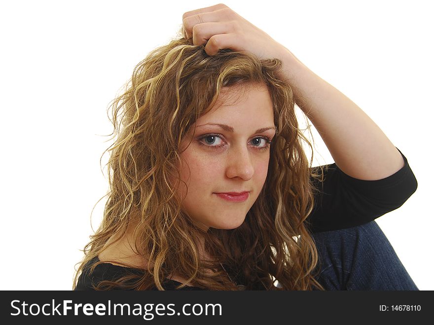 Caucasian woman posing with hand on head isolated on white.