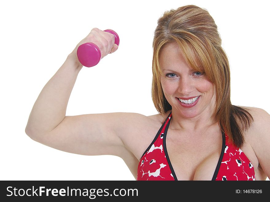 Caucasian woman lifting barbell isolated on white.