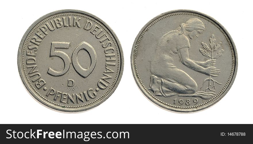 German 50 pfenning over a white background. German 50 pfenning over a white background